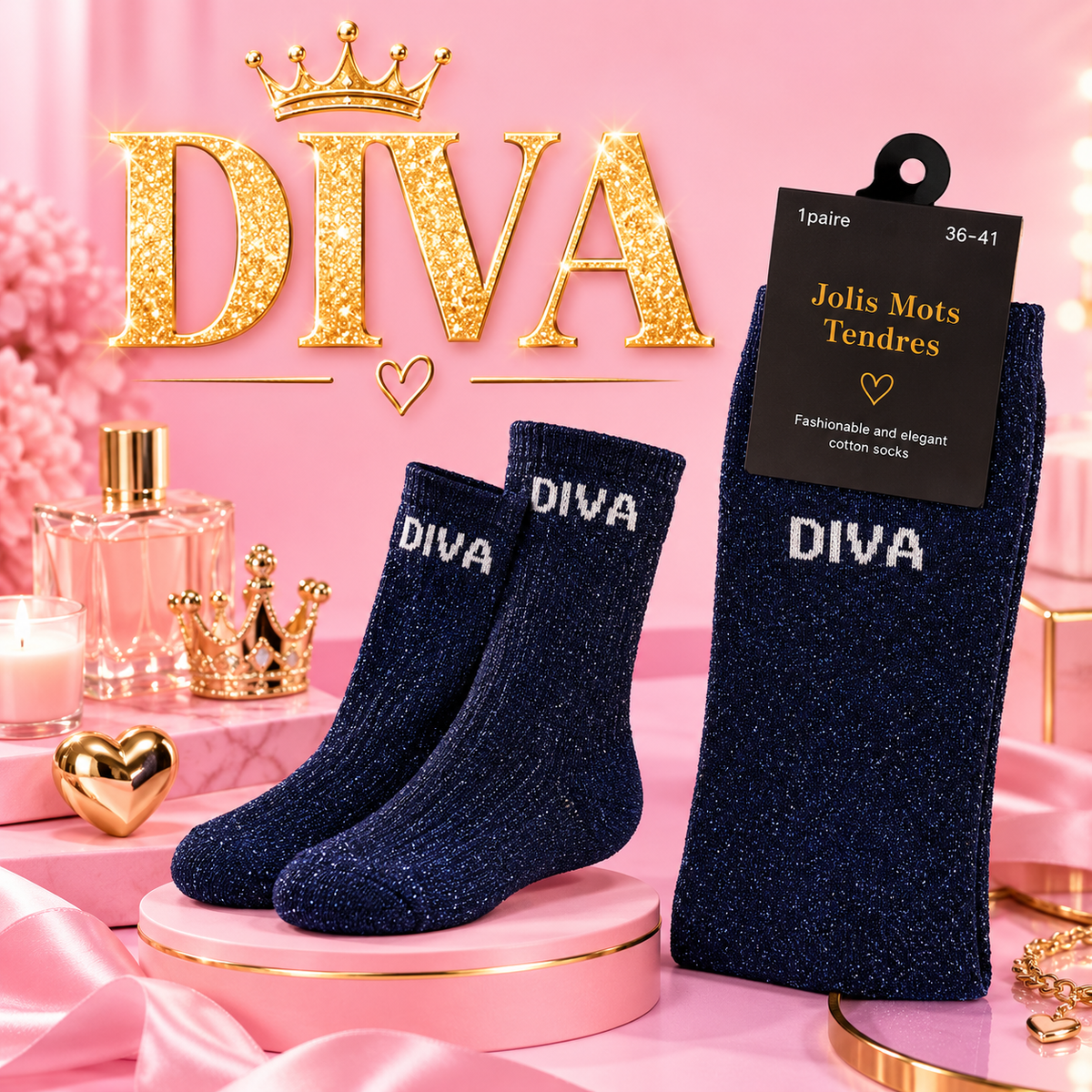 Chaussettes “Diva” Bleu Nuit Pailletées