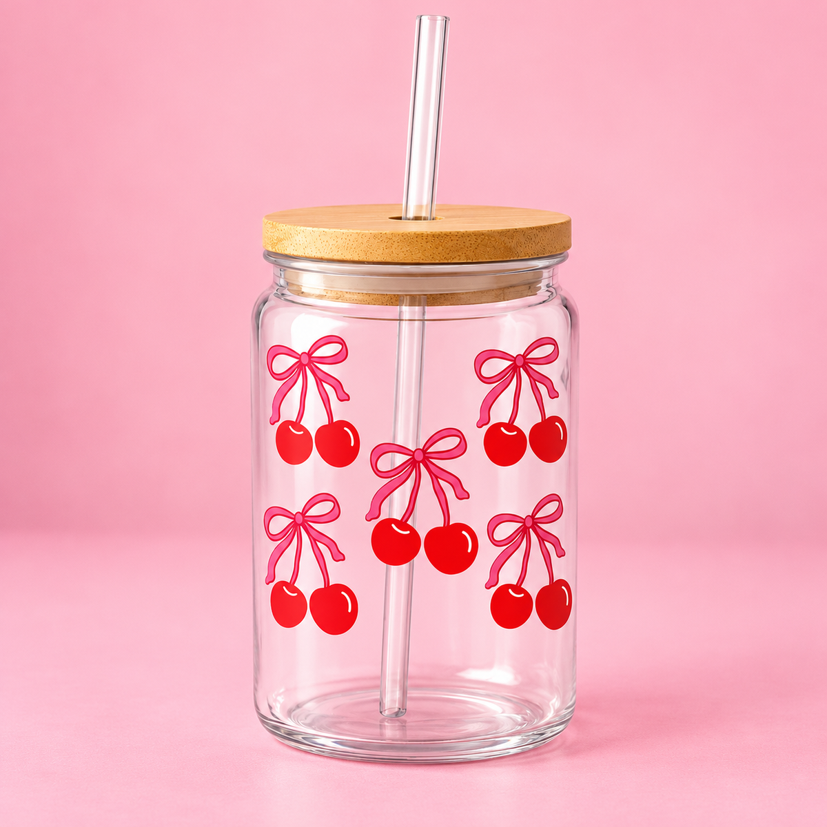 Gobelet avec couvercle en bambou et paille réutilisable cerise